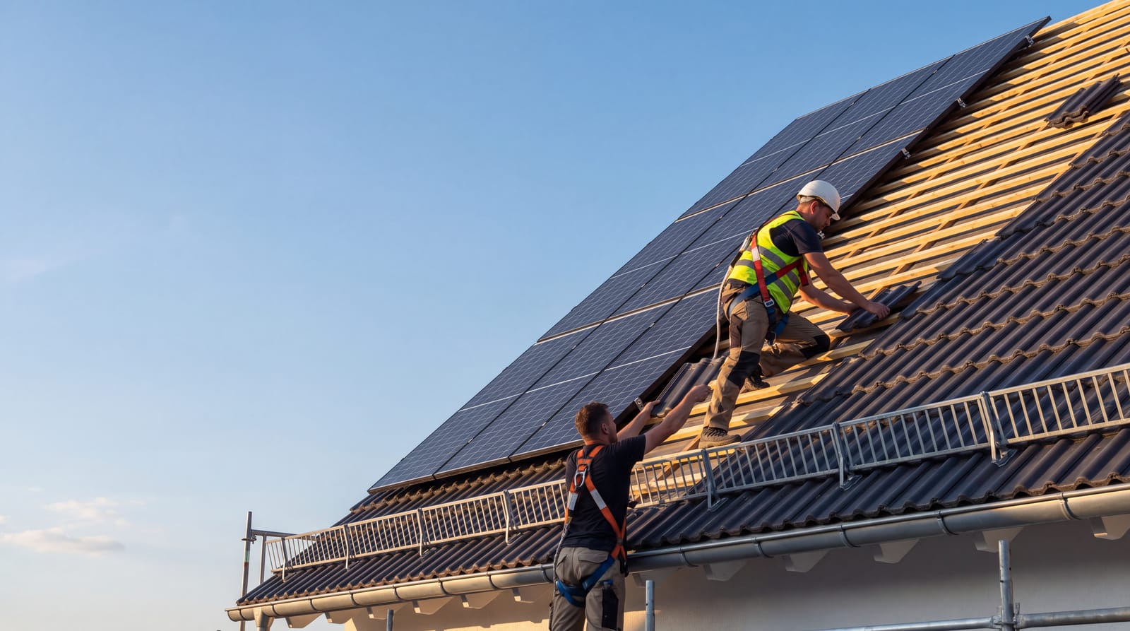 Zwei Dachdecker mit Sicherungsgurt decken ein Dach mit neuen Ziegeln ein, daneben Solarmodule