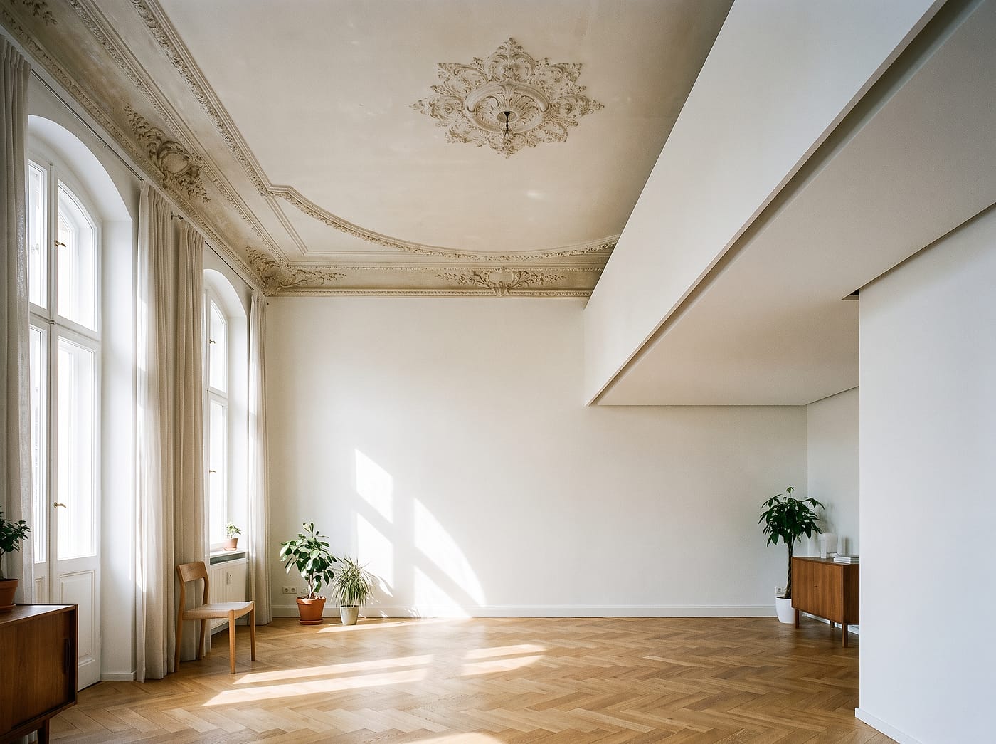 Altbauraum mit hoher Decke, Stuckrand und neu abgehängtem Deckenspiegel