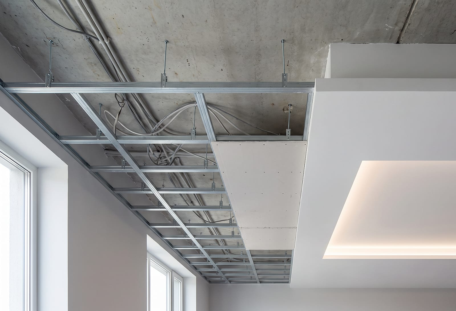 Abgeh&auml;ngte Decke im Bau: Metallunterkonstruktion an Abh&auml;ngern unter der Rohdecke, daneben die fertige abgeh&auml;ngte Ebene mit Lichtvoute