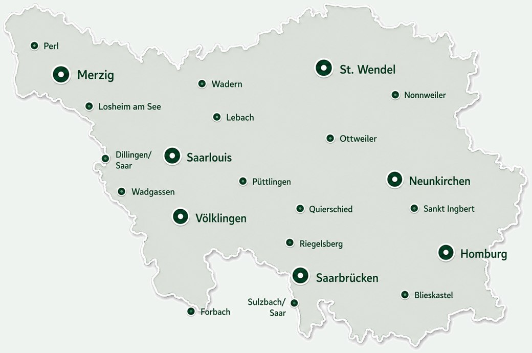 Karte des Saarlandes mit Saarbr&uuml;cken, Saarlouis, V&ouml;lklingen, Neunkirchen, Homburg, Merzig, St. Wendel und weiteren St&auml;dten