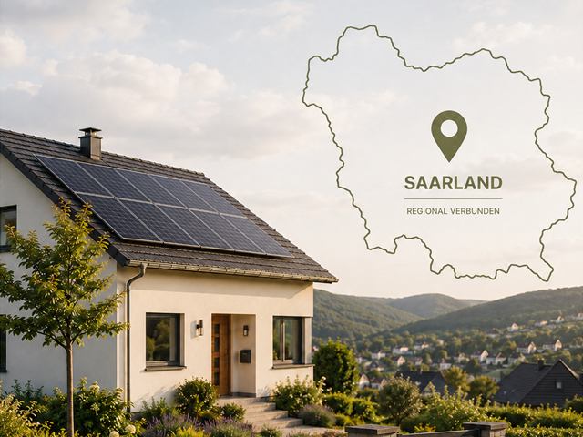 Wohnhaus mit Solaranlage im Saarland, daneben der Umriss des Saarlandes